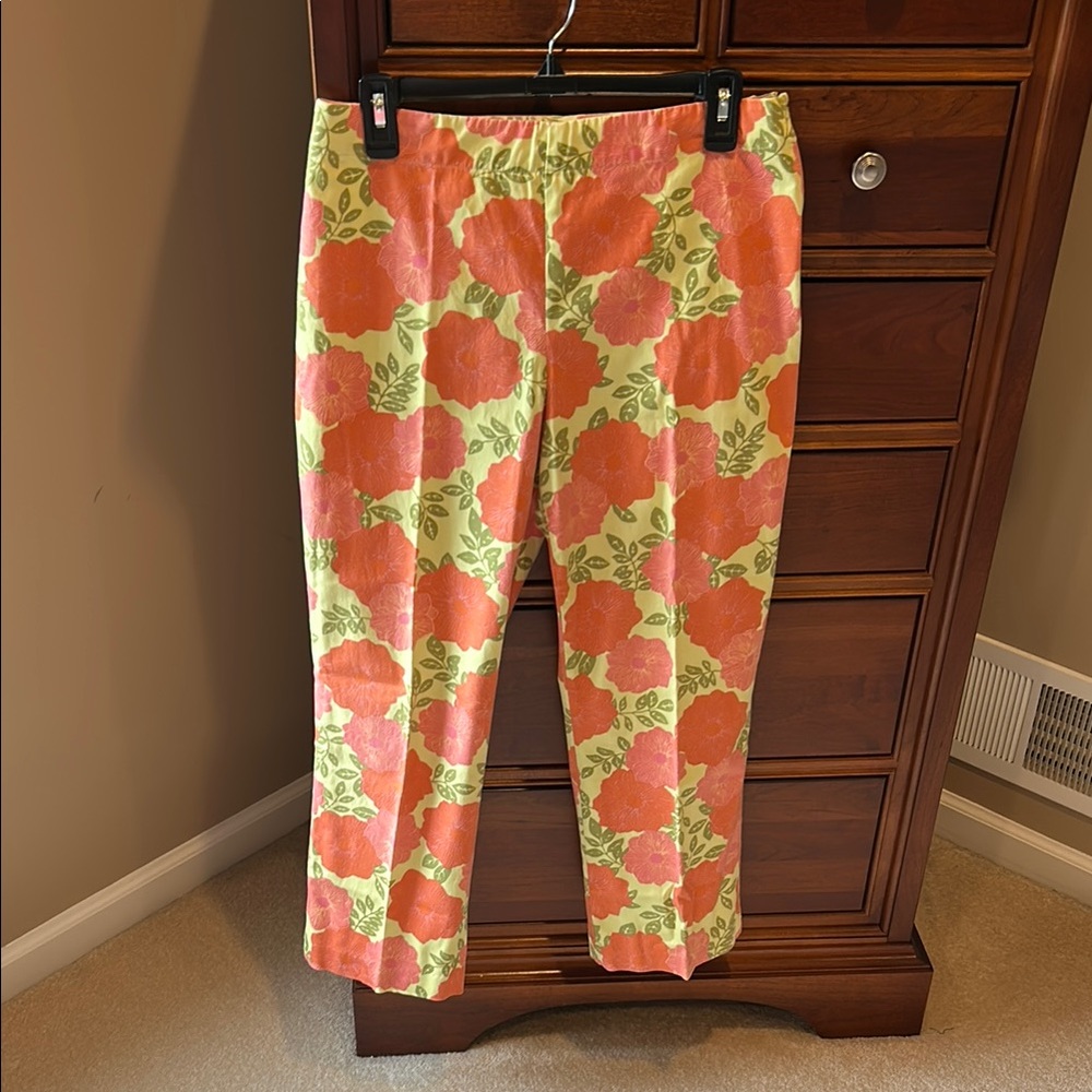 Sigrid Olsen Sport Floral Orange & lime Green pants, size 10, side zip w/ button